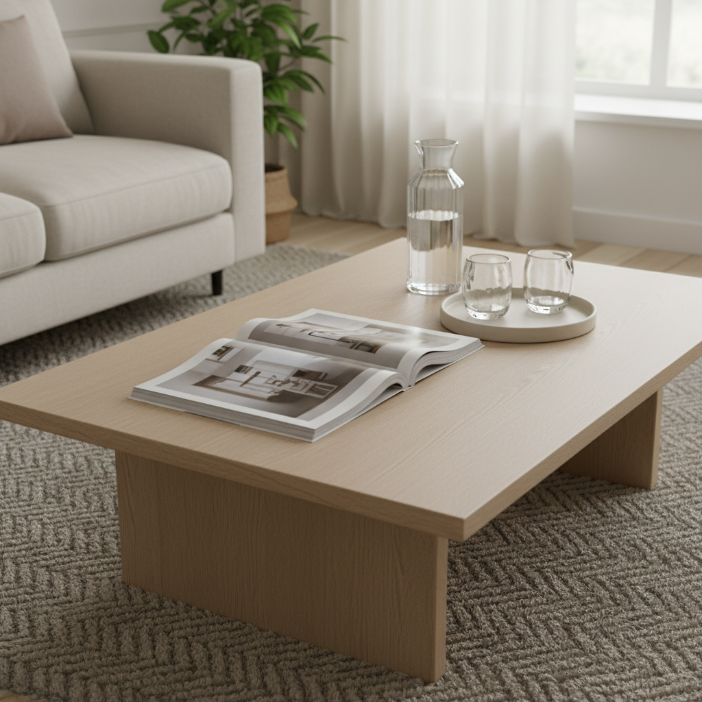A meticulously curated coffee table scene featuring a low, rectangular oak table with a pale, matte finish, topped with an open lifestyle magazine displaying muted, editorial photography, a clear crystal carafe filled with water, and a minimalist stoneware tray holding two hand-blown glass tumblers. The table sits on a textured wool rug in a subtle herringbone pattern, framed by the clean lines of a contemporary living space. Gentle morning daylight filters through sheer ivory curtains, creating soft, diffused illumination and delicate reflections in the glass. Captured in photographic realism from a slightly elevated angle, the composition follows the rule of thirds, with a serene, composed mood that suggests quiet inspiration and intentional living.