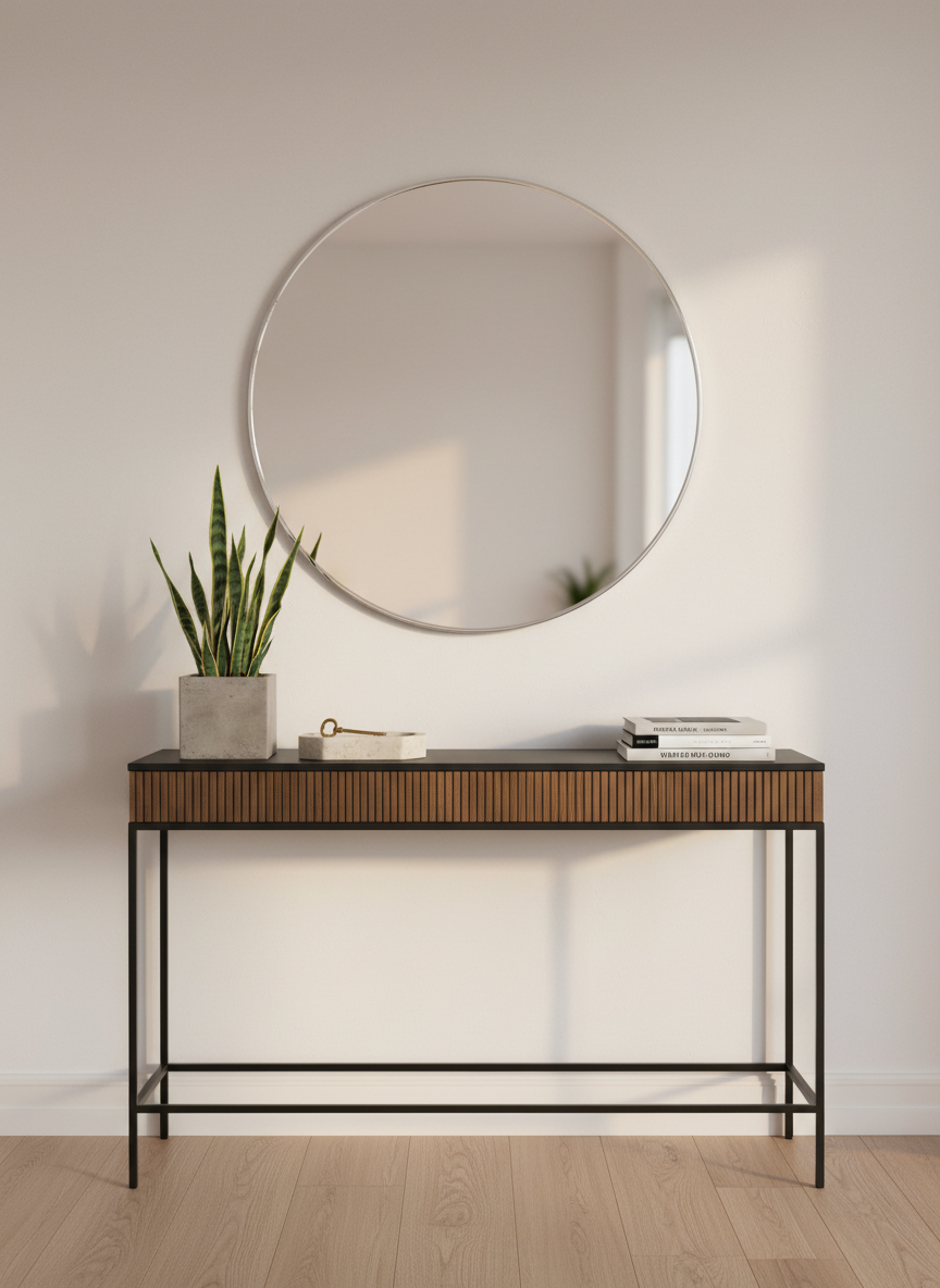 A thoughtfully curated entryway scene featuring a slim black metal console with a fluted wood front detail, topped with a large round frameless mirror reflecting a blurred, airy interior. On the console rests a pale stone catchall tray holding a single brass key, a square concrete planter with a structured dark green indoor plant, and a small stack of monochrome lifestyle books. The console stands on light oak flooring with a subtle grain, adjacent to a smooth, chalky white wall. Late afternoon golden light enters from the right, creating refined shadows and a gentle gradient on the wall. Photographic realism, eye-level framing, and a clean, symmetrical composition create a sophisticated, welcoming, and aspirational mood that aligns with elevated everyday living.