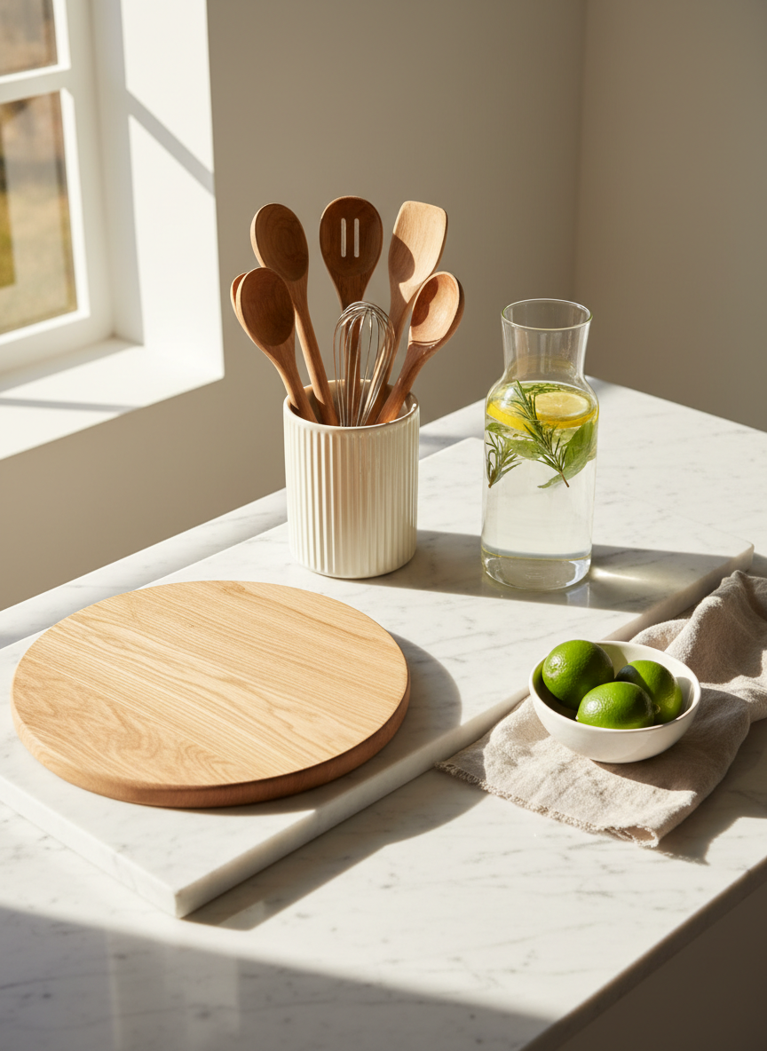 A sunlit kitchen counter vignette capturing a long slab of honed white stone with subtle gray veining, neatly arranged with a round oak cutting board, a tall ribbed ceramic utensil crock, and a clear glass carafe infused with lemon slices and fresh herbs. A folded flax linen tea towel lies casually beside a small bowl of glossy green limes. Soft midday natural light streams in from a nearby window, creating crisp yet gentle shadows and a luminous sheen along the stone surface. Rendered in photographic realism from a slightly angled overhead perspective, the composition balances order and ease, conveying an atmosphere of fresh, intentional living and understated sophistication suitable for an aspirational lifestyle blog.