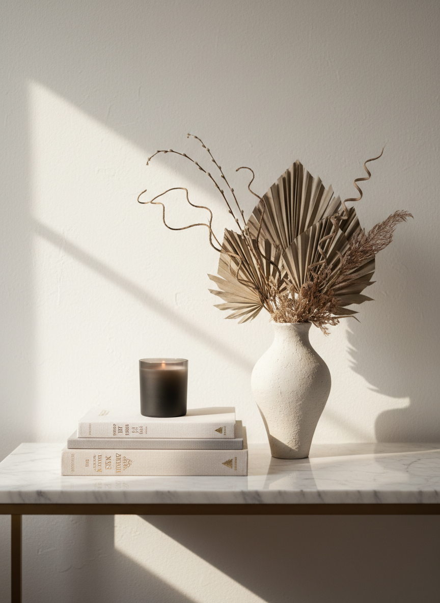 An elegantly styled marble-topped console table arranged as a lifestyle vignette, featuring a stack of linen-bound hardcover books with embossed gold titles, a smoked-glass scented candle in a matte black vessel, and a single alabaster ceramic vase holding sculptural dried foliage in soft taupe tones. The table stands against a smooth, warm white wall with subtle plaster texture. Late afternoon natural light pours in from an unseen window to the left, casting elongated, refined shadows and gentle highlights along the marble veins. Photographic realism, eye-level composition, and a shallow depth of field keep the arrangement in sharp focus while the background falls into a soft blur, creating a calm, sophisticated, and aspirational atmosphere suitable for a lifestyle editorial blog header.