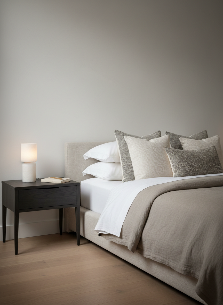 A refined bedroom corner showcasing a low-profile upholstered bed dressed in crisp white percale sheets, a taupe linen duvet, and neatly layered textured pillows in understated neutral tones. Beside the bed stands a slender, charcoal-stained wood nightstand with a single slim drawer, topped with a small alabaster table lamp, a closed clothbound journal, and a thin brass pen. Soft, overcast natural light seeps through a large, unseen window, enveloping the scene in a gentle, even glow with minimal shadows. Shot in photographic realism at eye level with a slightly off-center composition, the image emphasizes negative space and calm symmetry. The mood is serene, elevated, and quietly luxurious, perfect for conveying sophisticated lifestyle inspiration around rest and rituals.